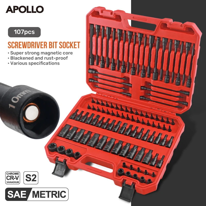 

Apollo 107Pcs 3/8" 1/4" 1/2" Drive Extended E-Type Screwdriver Bit Socket Set with H/T Bits for Professional Mechanic Tools