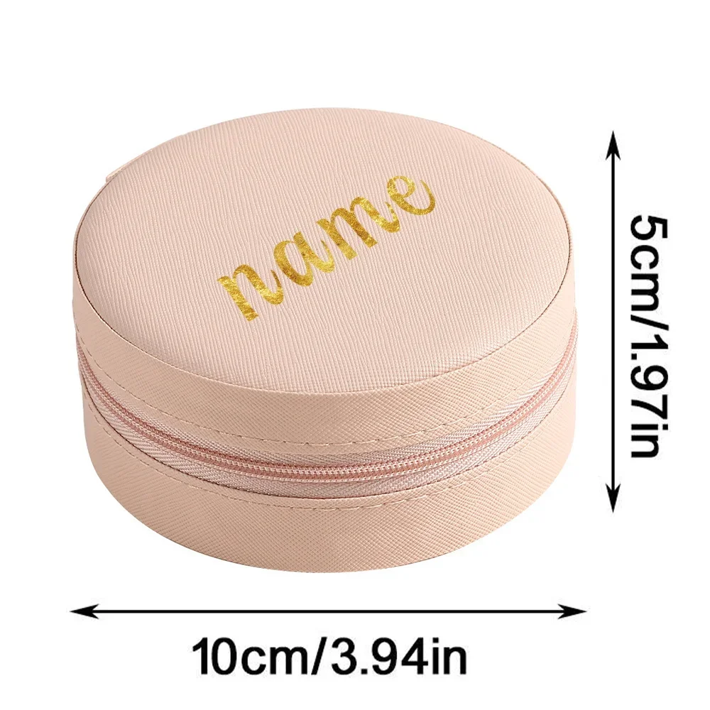 Customized Name Portable Jewelry Storage Box With Zipper PU Round  Earring Necklace Pocket Travel Organizer Leather Display Case