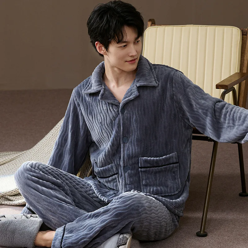 Winter Warm Pajamas Men Thick Coral Fleece Pajama Set Lapel Button Sleepwear Flannel Mens Pyjama Sets Turn-down Collar Pijama