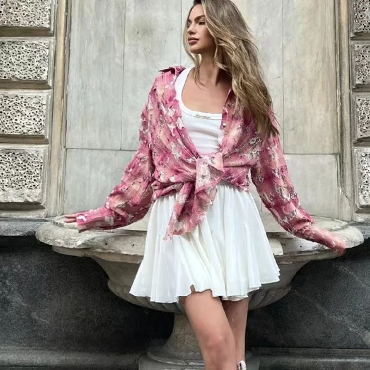 

Torn Plaid Long Sve irt Stand Collar Open Cardigan Women's Loose Fit Breathable Cotton Polyester Autumn Spring Top