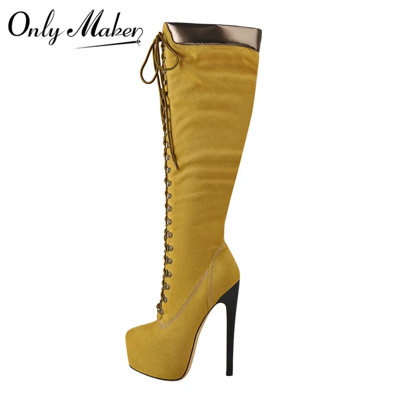 Onlymaker Women Platform Over The Knee High Boots Front Lace-Up Thin Heel Stiletto Stretch Cool Woman Big Size Boots