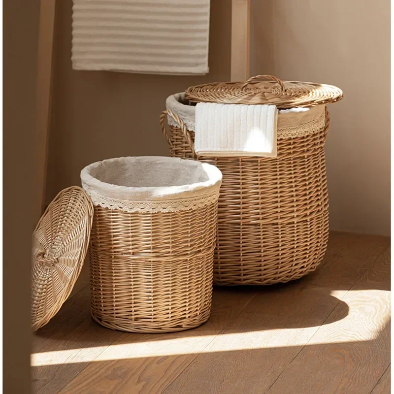 Japanese Home Laundry Basket Natural Willow Toy Basket Dust Proof With Cover Storage Basket Bathroom Clothes Organizer Box