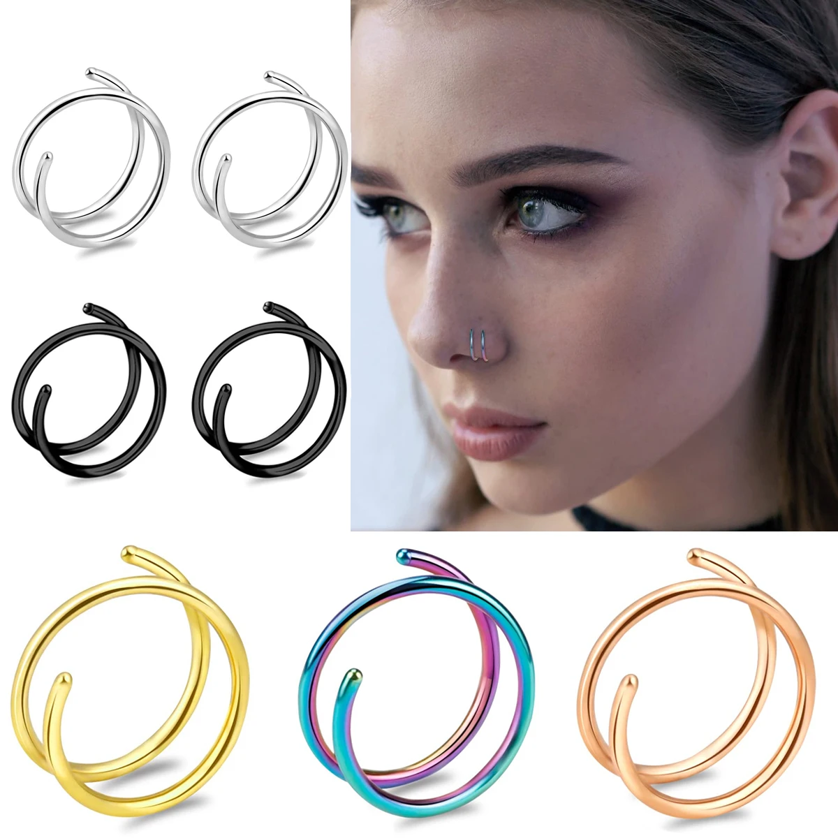 2-teiliges Set aus Edelstahl-Doppelhelix-Nasenring für Frauen, kreatives Nasenpiercing, Tragus-Knorpel-Ohrpiercing, Unisex-Geschenk – Detail 2