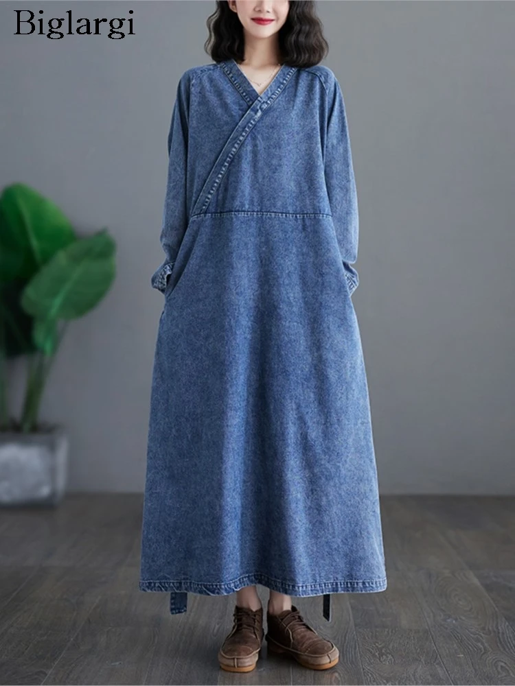 

Oversized Denim Spring V-Neck Long Dress Women Ruffle Pleated Loose Fashion Casual Ladies Dresses Long Sleeve Woman Dress