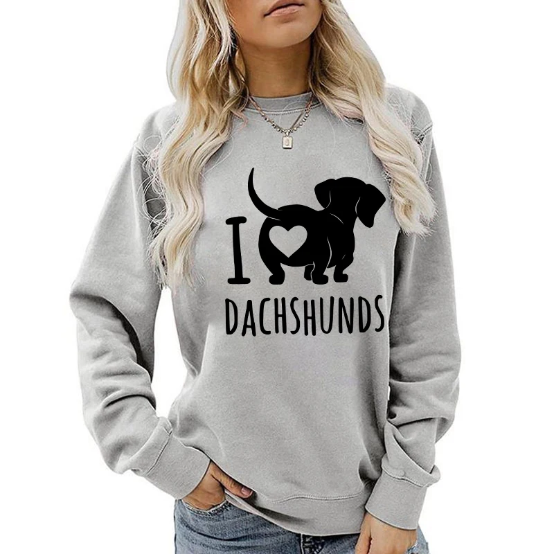 (A+Quality)Fashion I Love Dachshund Printed Sweatshirts Spring Autumn Winter Long Sleeve Round Neck Casual Sweater Women Hoodies