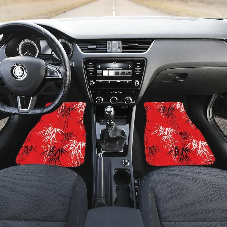 Red Oriental Leaves Floral Flowers Car Floor Mats Set, Front and Back Floor Mats for Car, Car Accessories