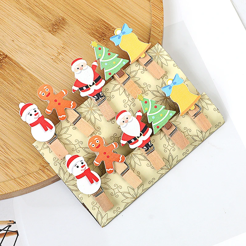 10pcs Christmas Wood Clips Wooden Santa Claus Snowflake Photo Frame Paper Clips Clothespins DIY Gift Bag Peg Pin Xmas Decoration