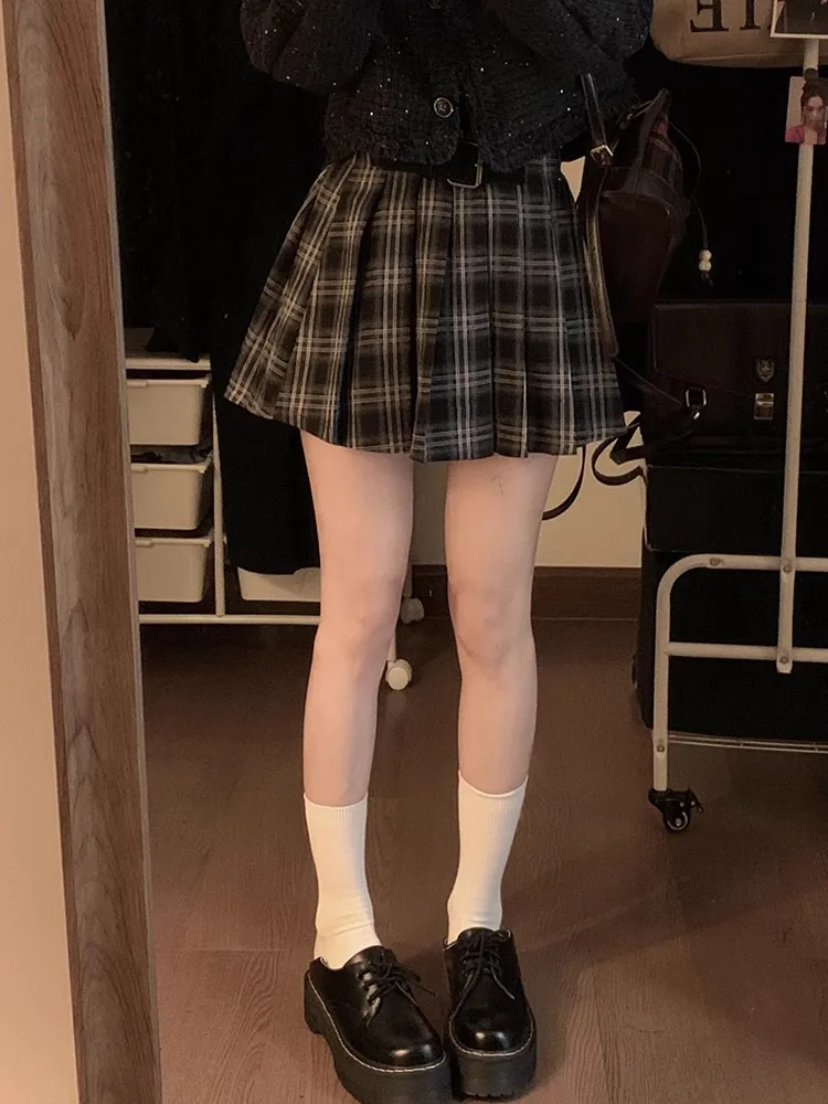 

Корейская клетчатая юбка, коричневая плиссированная юбка трапециевидной формы с высокой талией для женщин, весенний сезон, миниатюрный размер, для поездок на работу Sle