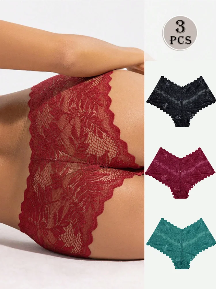 

3Pcs/set Lace Boyshort Panties Women Low-Rise Underwear Trendy Floral Underpants Female Sexy Boyshort Panties Ladies Lingerie