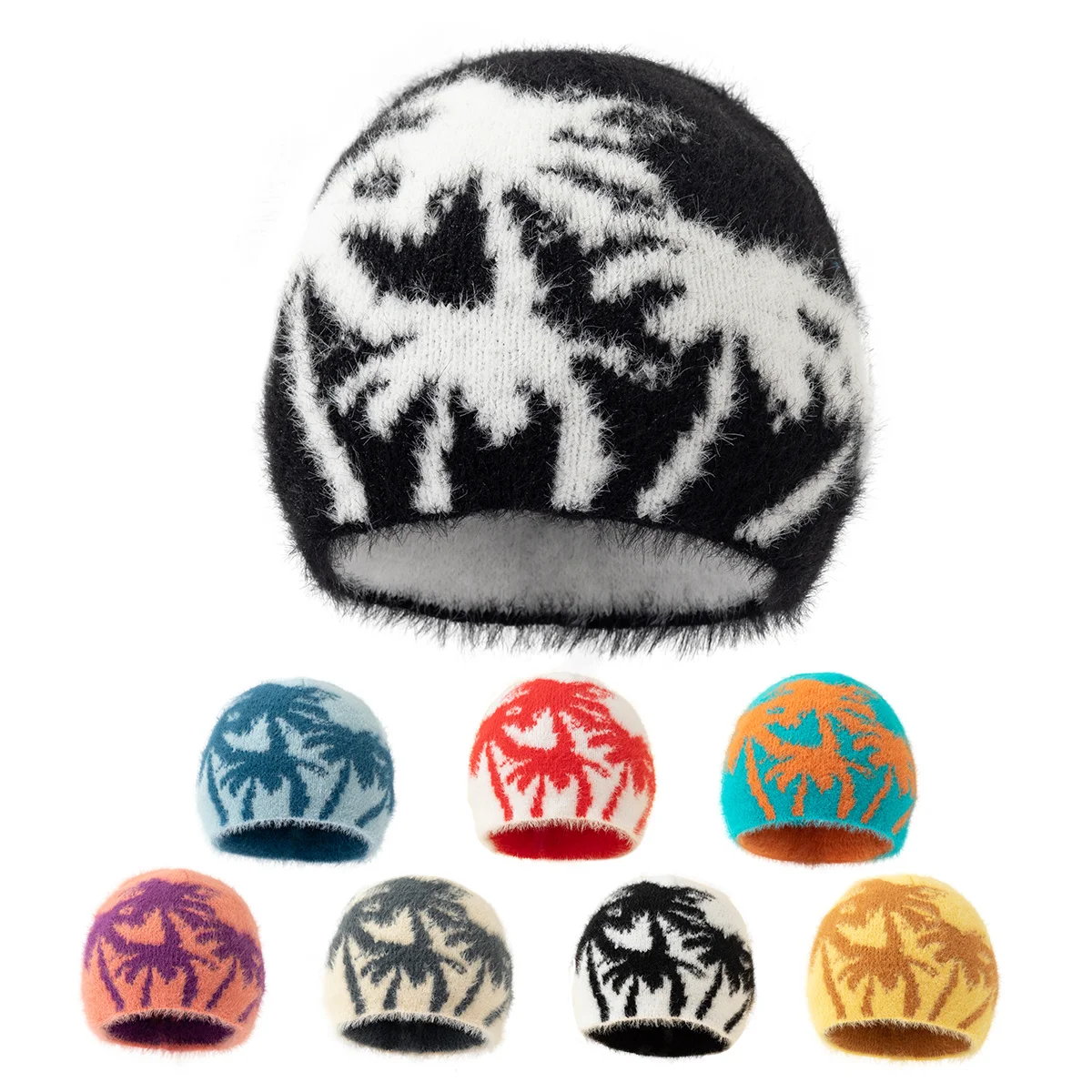 

2024 new y2k coconut tree pattern Beanies Hat Men Winter Autunm Warm Knitted Bonnet Cap Soft Skullies Beanies Caps Boys Gifts
