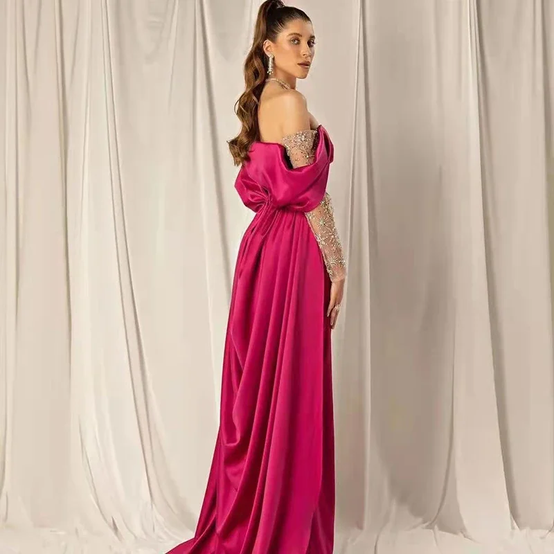 Women's Elegant Off Shoulder Purple Red Wedding Evening Dress Solid Satin High Quality and Floor Skirt Formal Ball Dressing