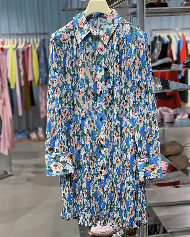 Camisa elegante francesa plisada vestido de manga larga nueva moda Primavera Verano 2023 vestido con estampado de flores azules vestido de fiesta S-3XL