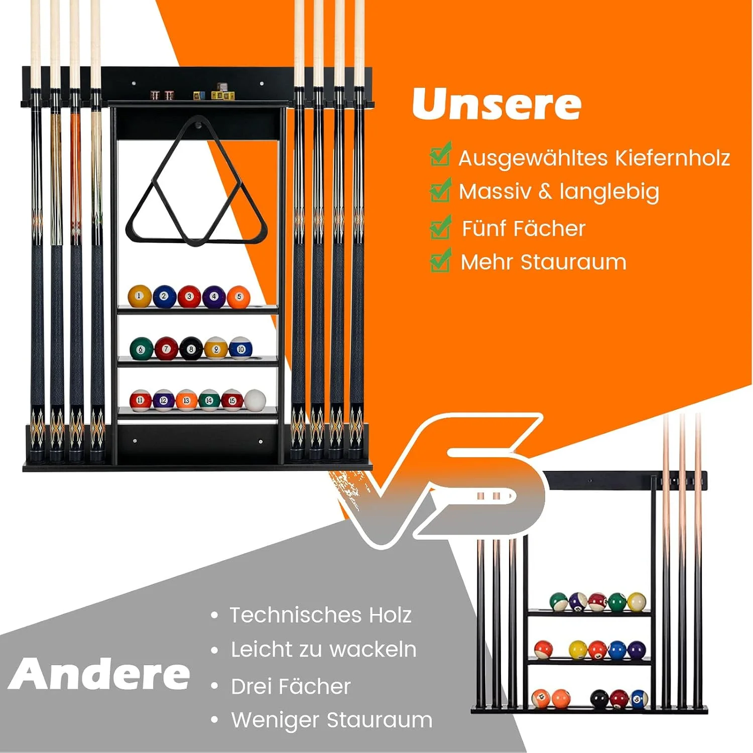 Wandmontierte Billardqueue-Halterung für 8 Queues, 15 Billardkugeln und 1 Queue-Ständer, Kiefernholz – Detail 6