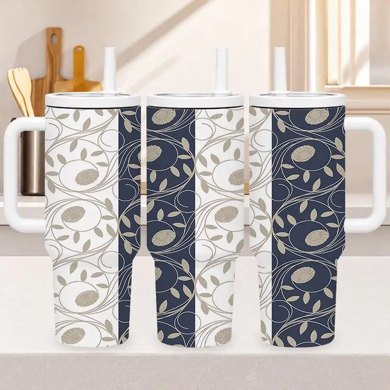 1pc 40oz 304 Stainless Steel Hand-held Cup Elegant Navy Blue And White Floral Vine Pattern Insulated Tumbler with Handle And Straw for Home Kitchen Office Travel Outdoor Suitable Gifts for Halloween Christmas And Other Special Festivals