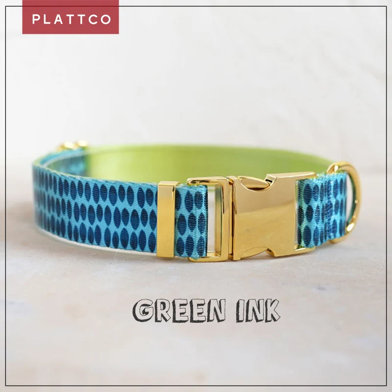 PLATTCO unique design dog collar print GREEN INK pattern and high-quality gold buckle size 5 PDC320YG