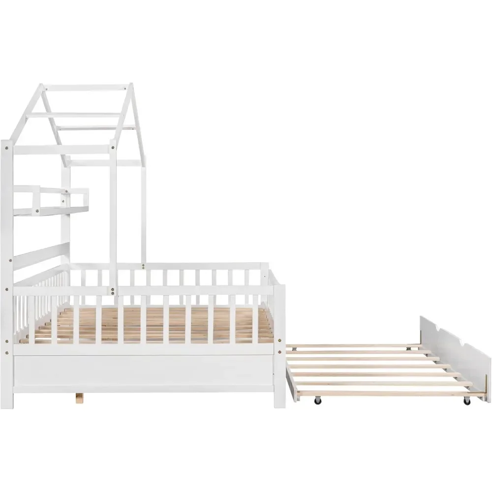 Cama de casa completa com rodízio, estrutura de cama infantil completa de madeira com prateleira, cama de casa de tamanho integral para crianças com telhado, sem necessidade de molas