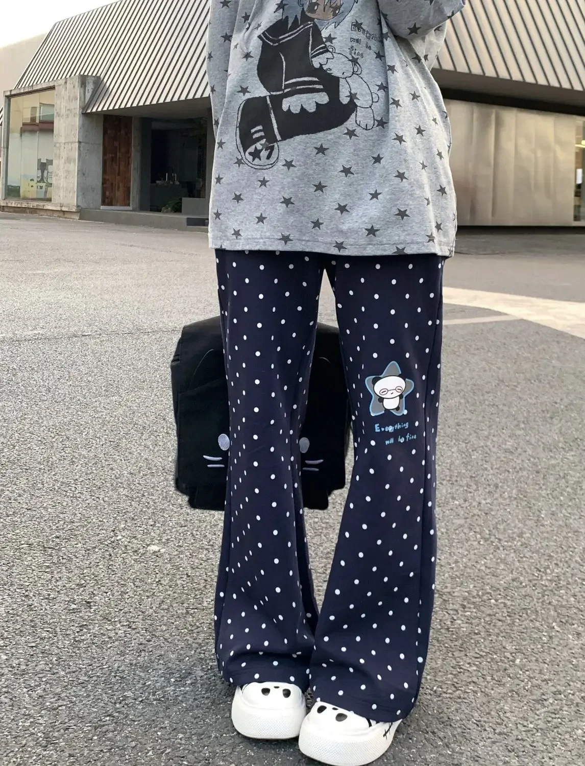 Y2k خمر 2000s البولكا نقطة سراويل تقليدية لطيف الكرتون الباندا طباعة مضيئة الكورية نمط لعوب الشارع موضة Harajuku فتاة شابة #5