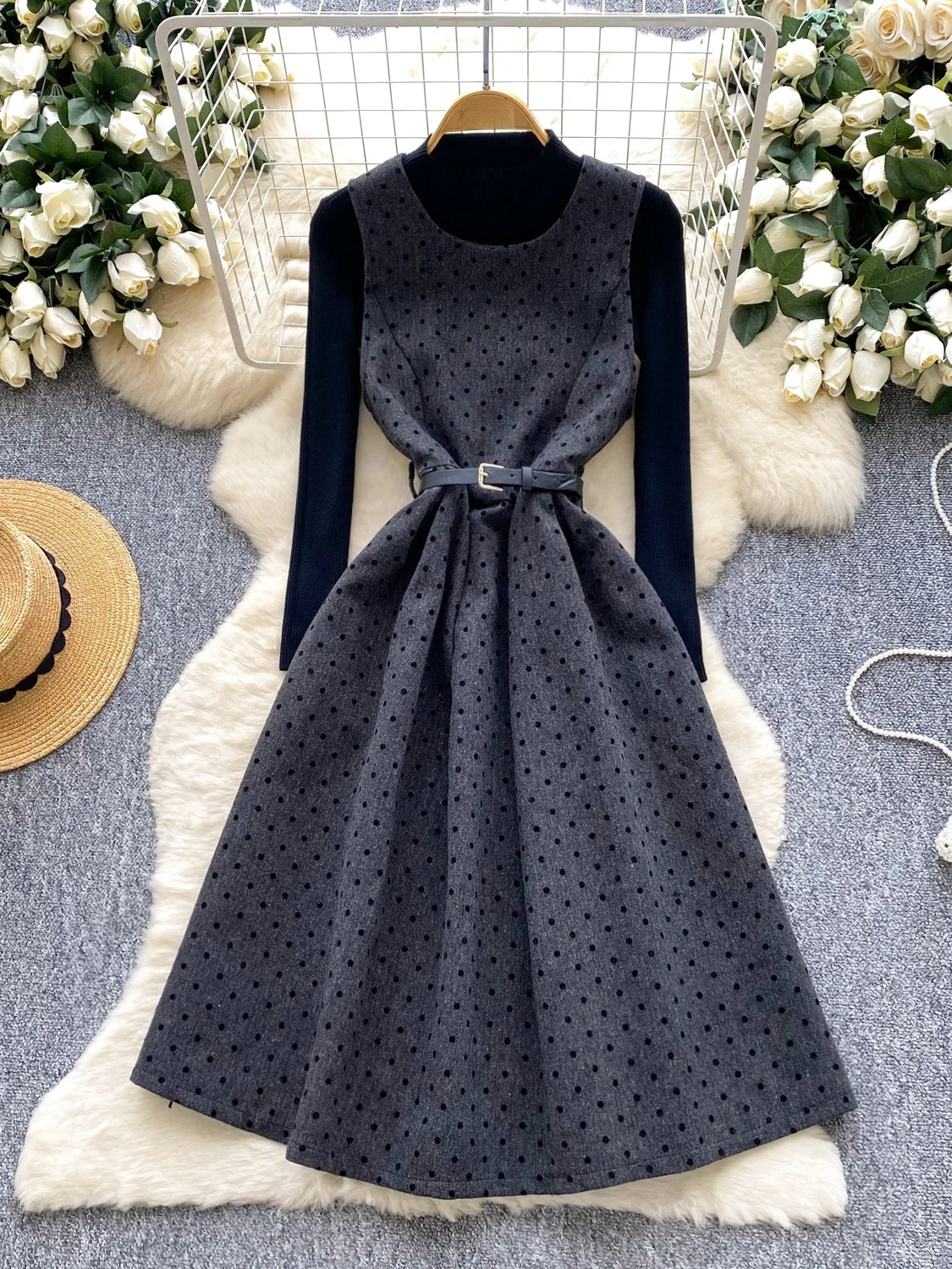 Women's Autumn Faion Two-Piece Set High Waist Polka Dot Dr Belted Waist Svel + Knitted Base Layer Ci Commute