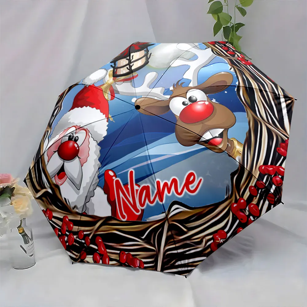 Custom Name Christmas-Themed Umbrella with Santa and Reindeer Print 8 Iron Ribs Folding Umbrella, Auto-Open Fashion Sunshade