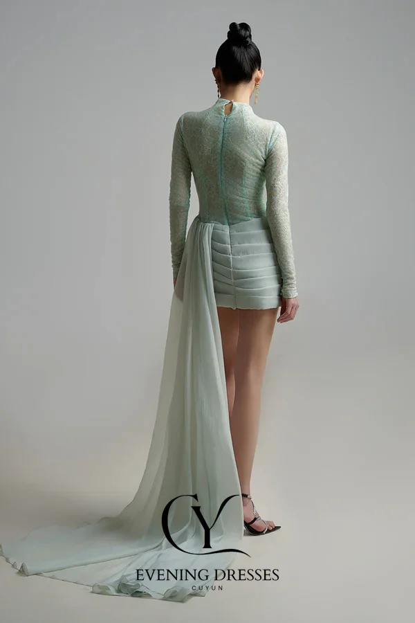 Cuyun mini vestidos de baile vestido de festa hortelã verde mini mangas compridas vestido de festa feminino renda personalizado vestido de noite curto com trem