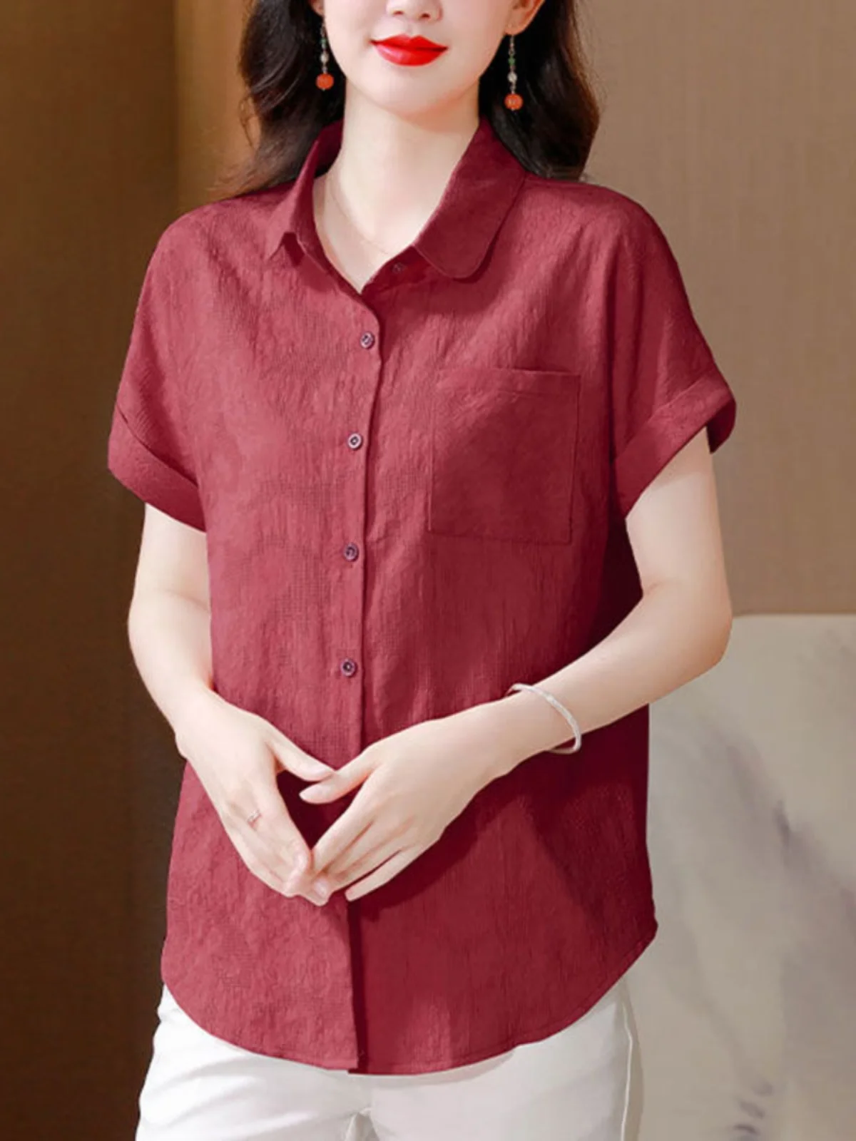 

Хлопковый ort Sve irt, женский летний новый Sle для похудения, повседневный свободный топ для мам, модный корейский однотонный топ на пуговицах