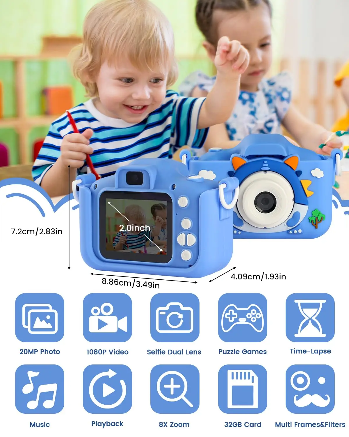 Children Camera Cartoon Toys 1080P HD Digital Camera for Boys/Grils With 32G SD Card Selfie Outdoor Toys Christmas Birthday Gift