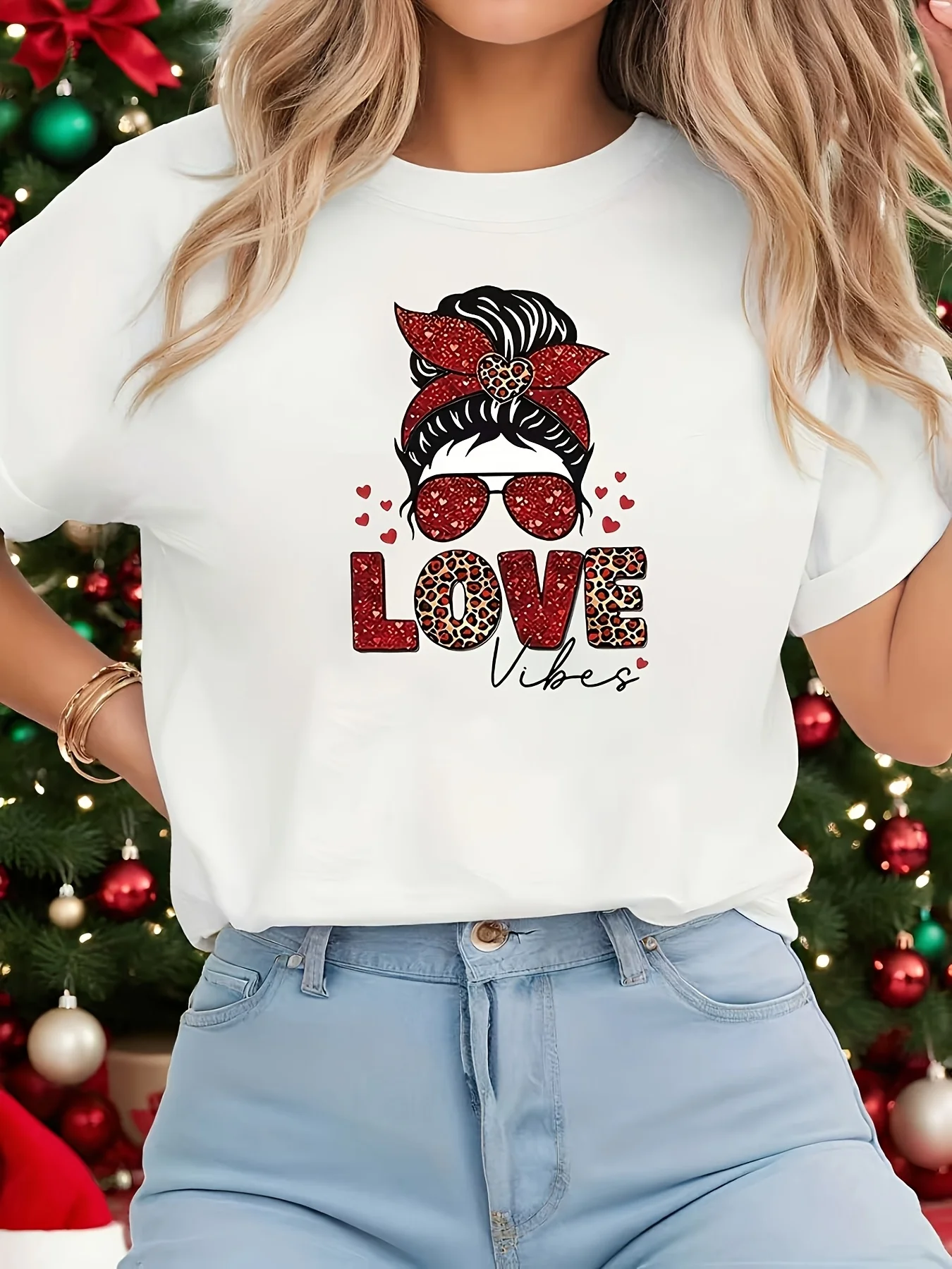 Women Valentine Vintage Bun Hairstyle LOVE Vibes Print White Round Neck Short Sleeve Blouse Casual Party Top