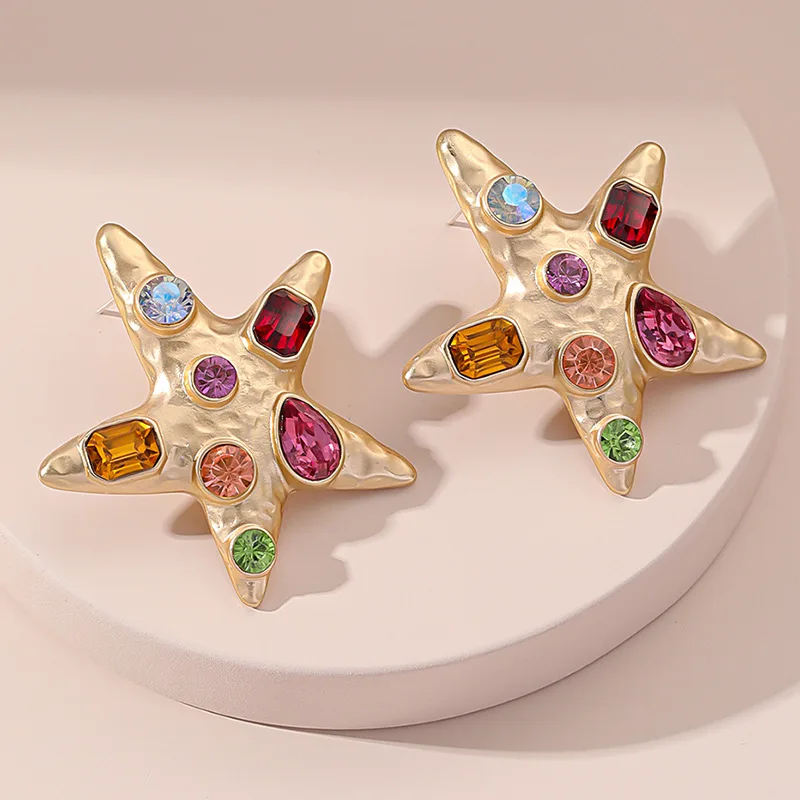 New alloy diamond studded creative pentagram earrings, beach style starfish women's earrings