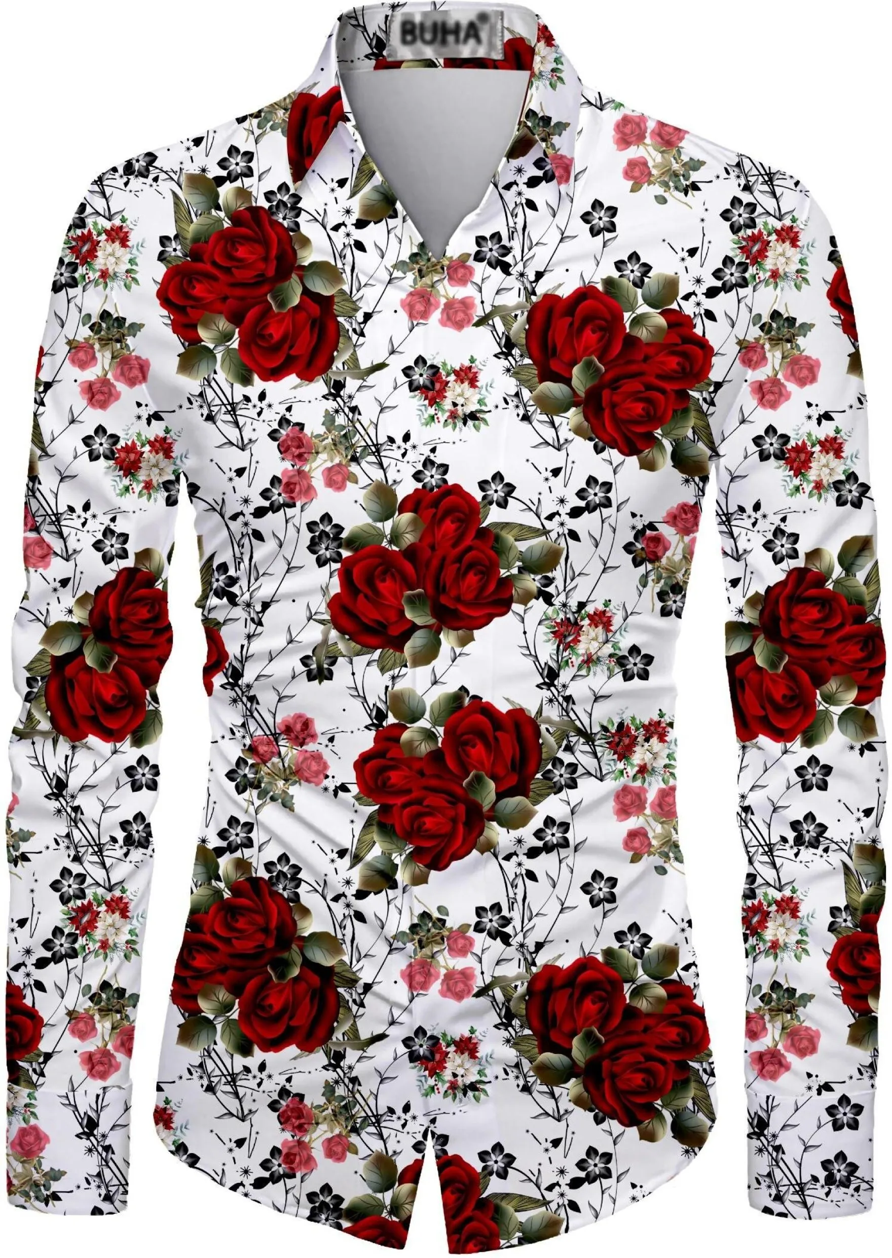 Men's long-sleeved shirt casual fashion 3d rose print shirt shirt men's lapel shirt long-sleeved New Year gift