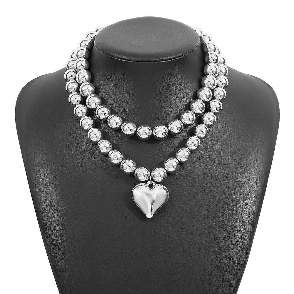 CCB Ball Beaded Chain Heart Pendant Necklace Women Punk Party Wedding Fashion Double Layer Choker Jewelry Gift for Cool Girls