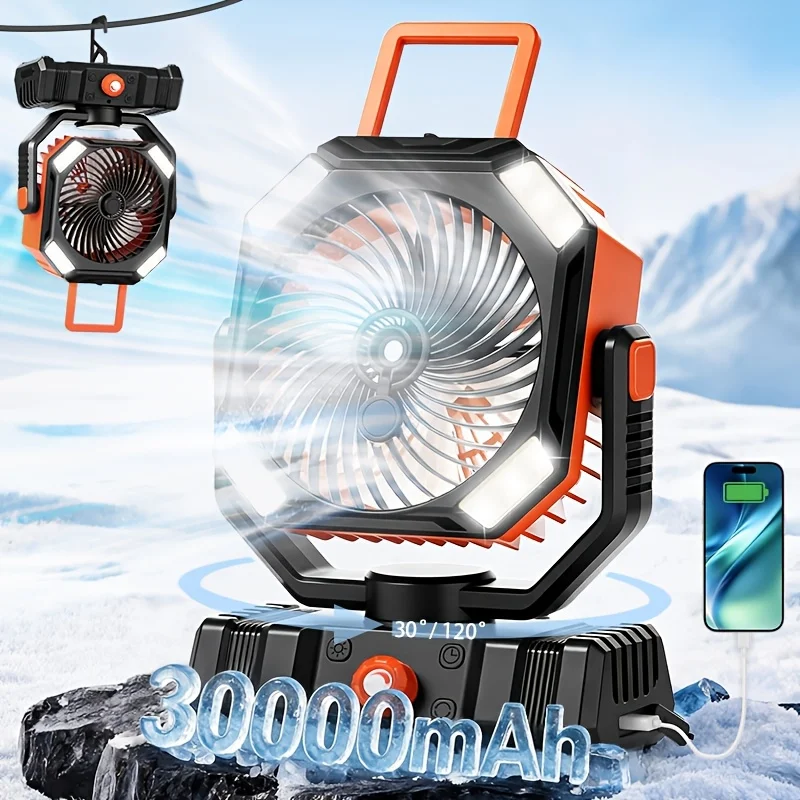 30000mAh Portable LED Electric Fan with Remote Control And Hook Green And Orange Tent Fan with Timer for Outdoor Camping