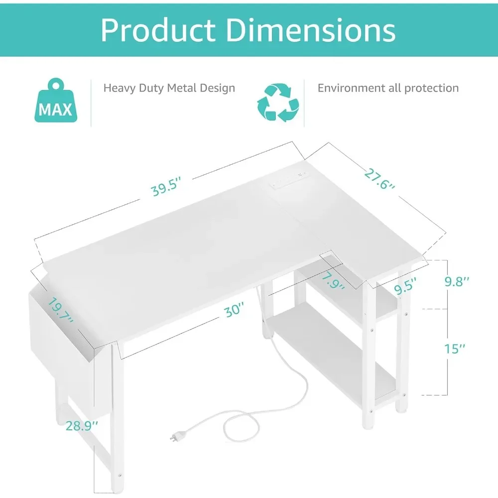 Lufeiya White L Shaped Computer Desk with Power Outlet Shelves, 40 Inch Small Corner Desk for Small Space Home Office