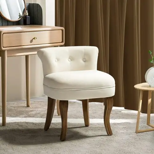 Velvet Vanity Stool with Low Back, Ivory | Small Modern Vanity Chair with Solid Wood Legs for Women Girls, Bedroom