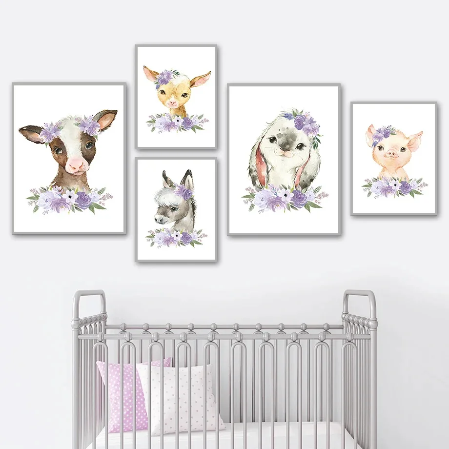 

Rabbit Sheep Cow Pig Watercolor Animal Nursery Wall Art Canvas Painting Nordic Posters And Prints Wall Pictures Kids Room Decor