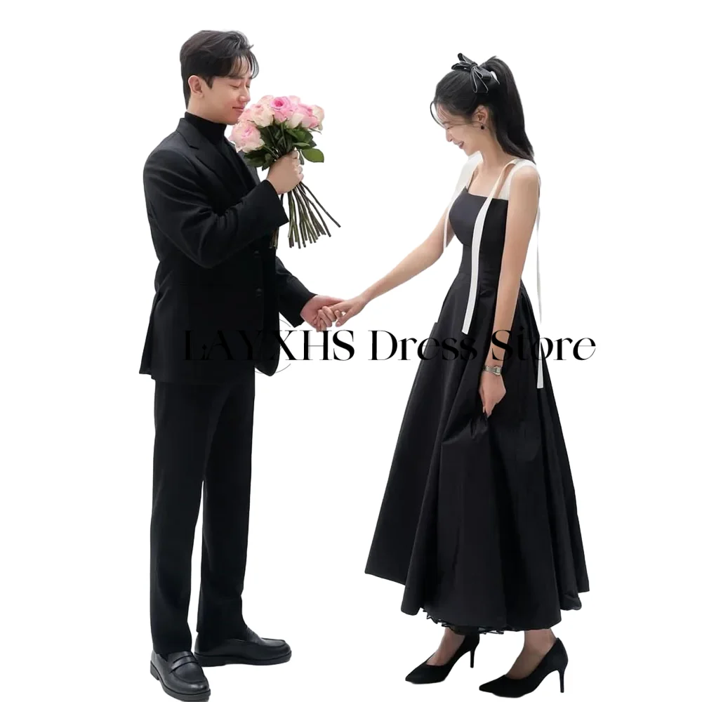 Abiti da sera neri eleganti con colletto quadrato Una linea di cinturino in raso Corea Matrimonio Servizio fotografico Abito da festa Lunghezza caviglia Personalizzato