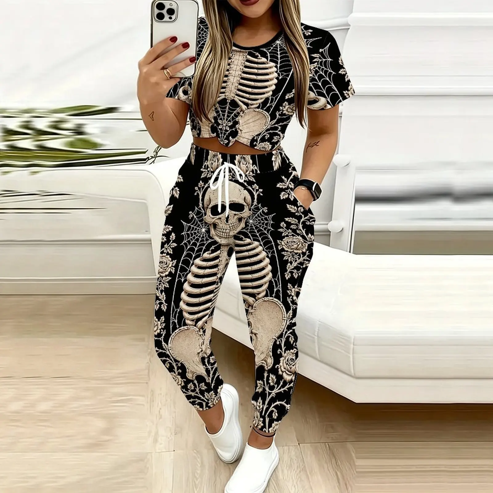 Plus Size Women Spring/summer Fashion Print Two Piece Set  Exercise Round Neck T-shirt Casual Vacation Sweatpants