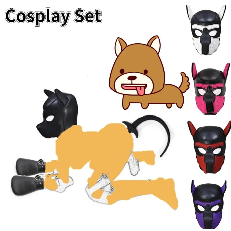 PU Leather Puppy Play Dog Hood Mask Hand Cuffs Mouth Gag Fist Mitts  BDSM Role Play Costume Removable Sex Toys For Adult Couples