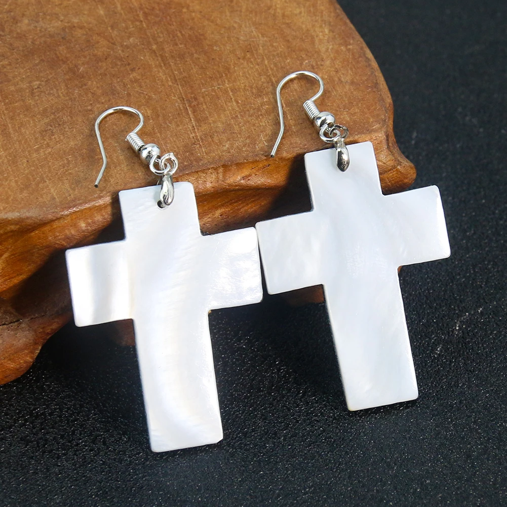 1 Pair Natural Aurora Borealis Abalone Shell Patchwork Cross Dangle Earrings Crafted Christian Women's Manifesto Jewelry Gifts