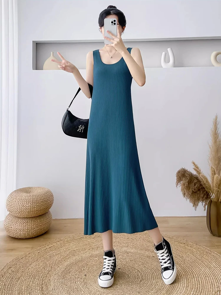 New Women Thin Knitted Vest Dress Fashion O-Neck Sleeveless Easy Matching Slim Long Dress Simplicity Casual Elastic Tank Dress