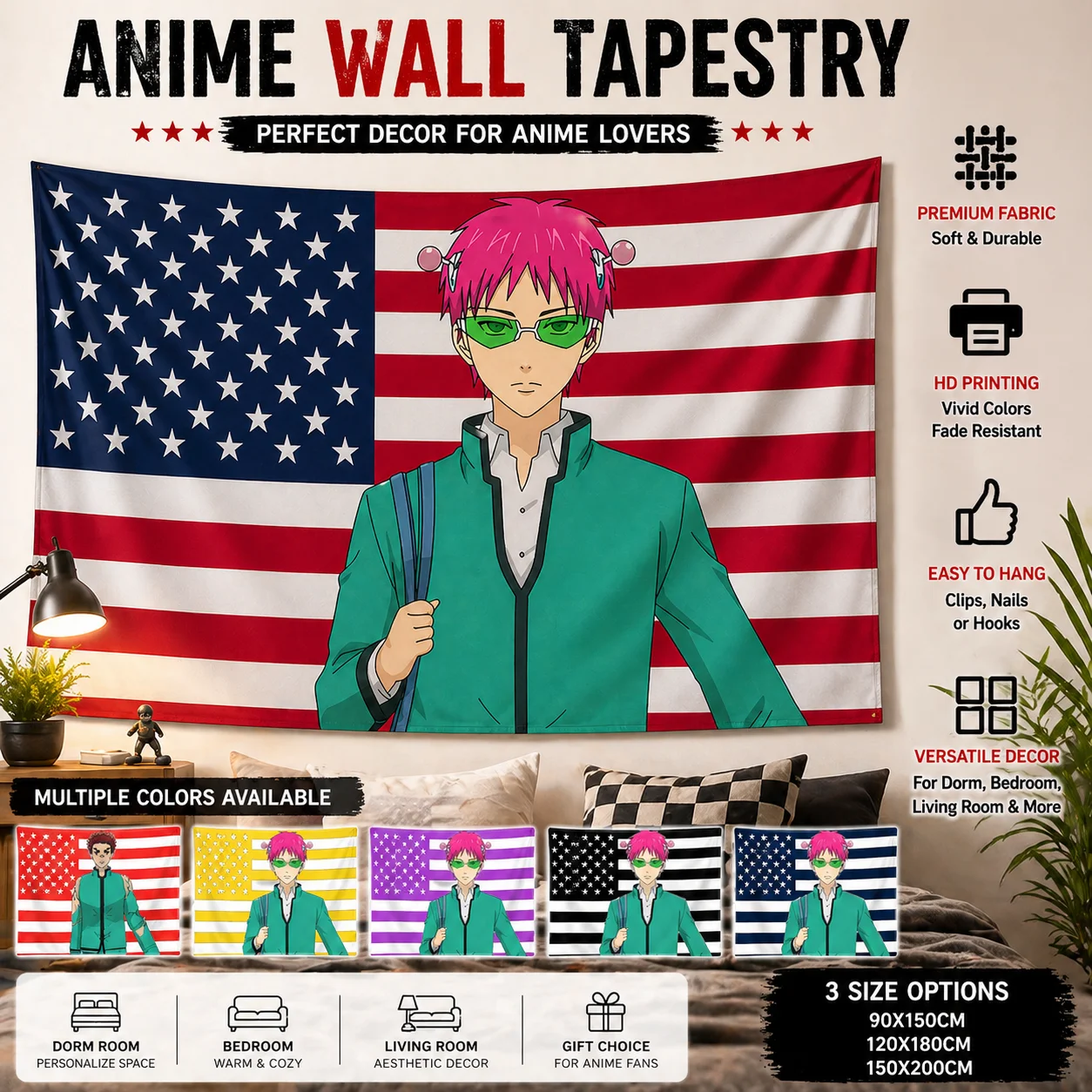 StarsandStripesAnimeTapestryFlatPrintCartoonCharacterN-Nanxiong Q-Qimu with Glasses Wall Art for College Dorm Room Bedhead Decor