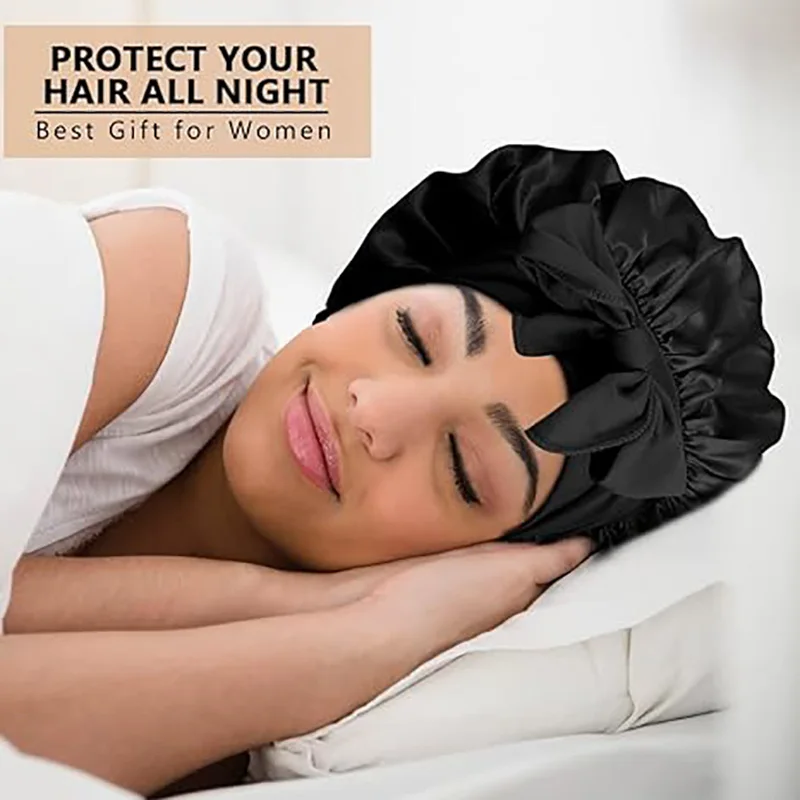 New Women Satin Solid Sleeping Hat Silky Bonnets With Tie Bands Elastic Shower Cap Adjustable Cap For Curly Hair Bonnets