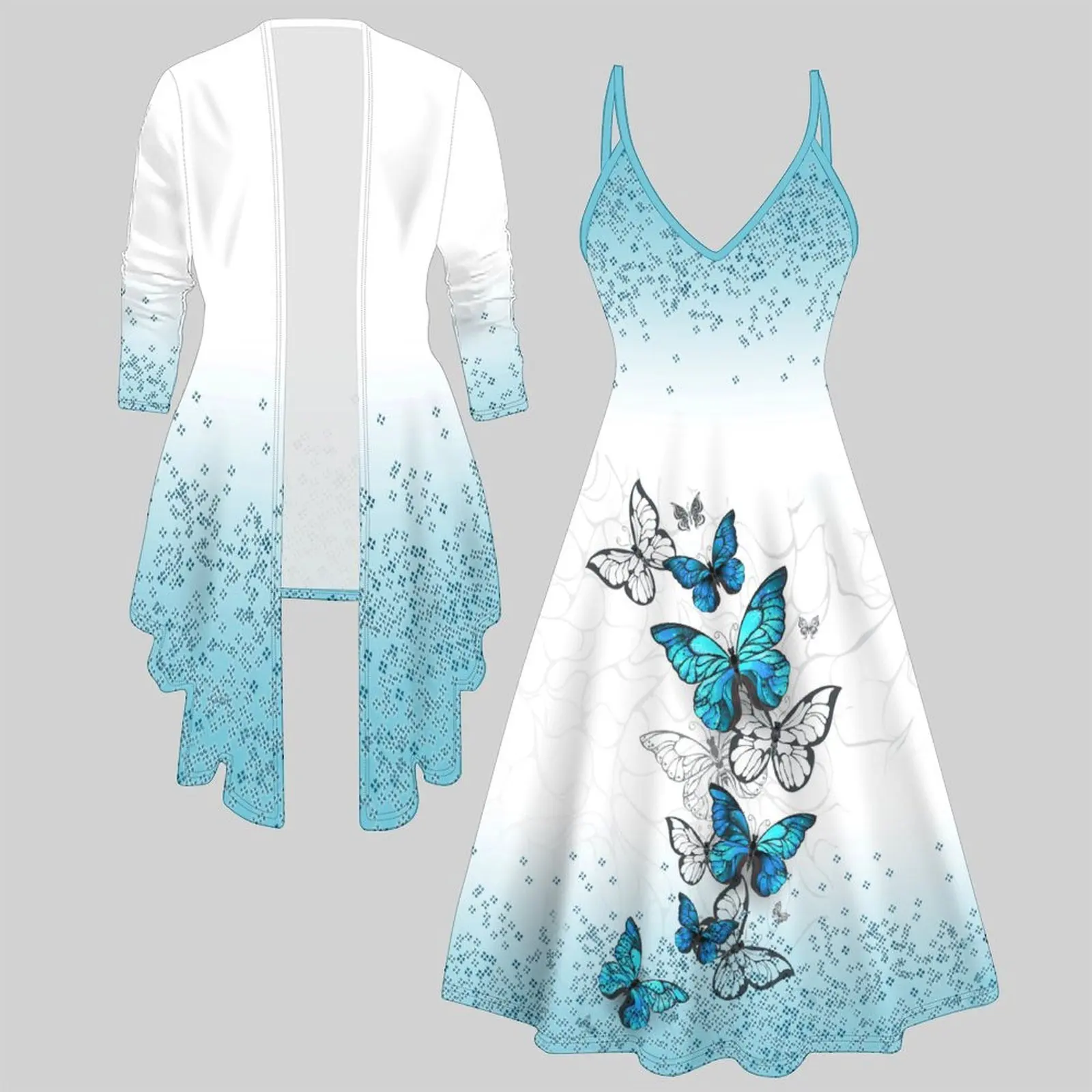Vintage Print Two Piece Matching Set Ladies Sleeveless Midi Slip Dress 3/4 Sleeve Open-front Cardigan Daily Wear Outfit