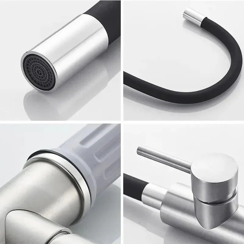 

Modern Universal Basin Balcony Splash Proof Faucet Kitchen Sink Faucet Swivel Black Hose Stainless Steel Hot And Cold Faucet