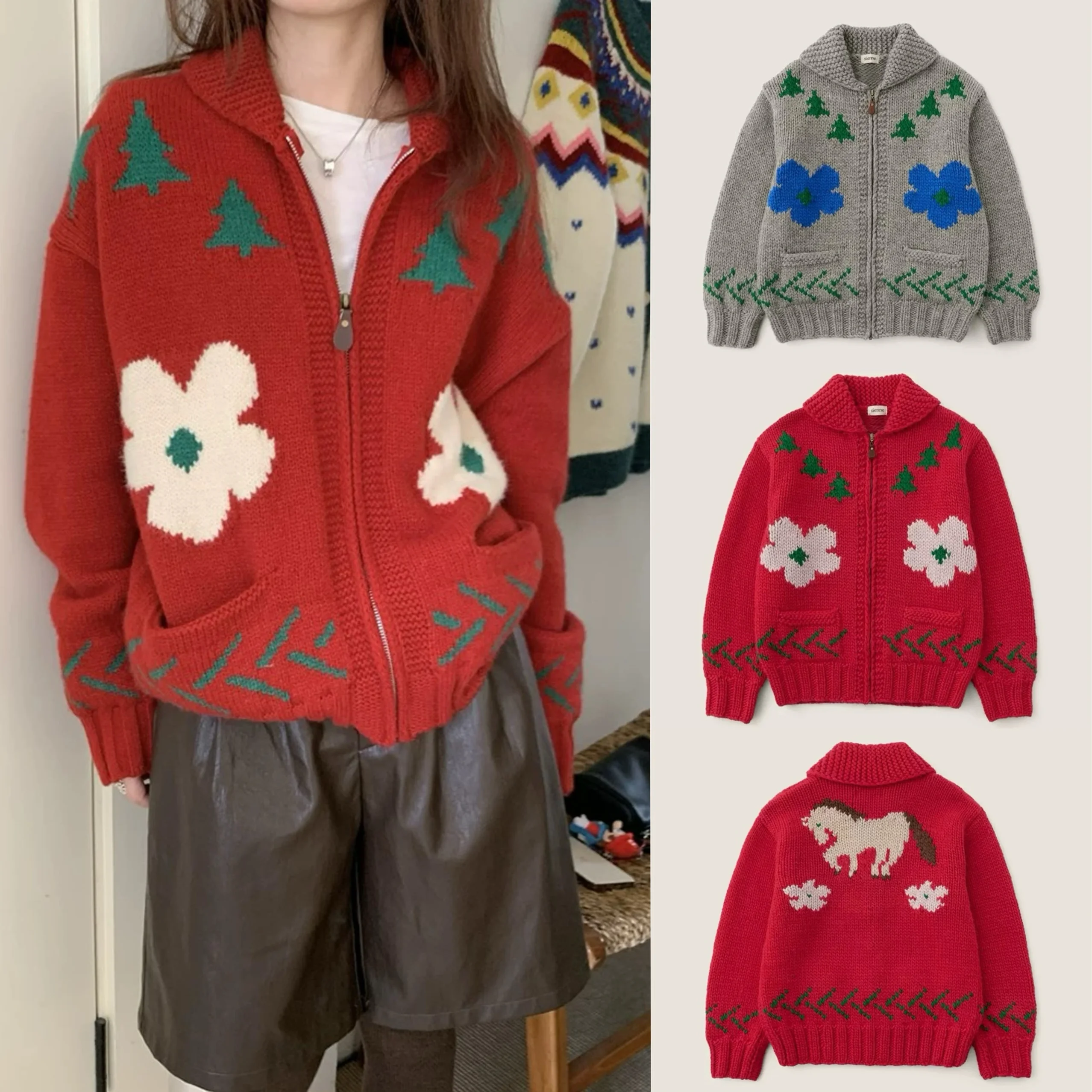 

Cisas Motif Sleine Knitted Open Cardigan Jaet Flower Collar Color Blo Sweater Casual Sle Women's Winter Wear