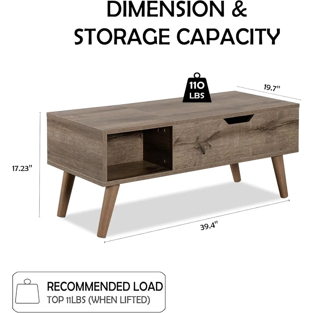 Lift-Top Coffee Table with Hidden Storage and 2 Open Cubbies, Coffee Table with Storage for Living Room, Center Table for Living