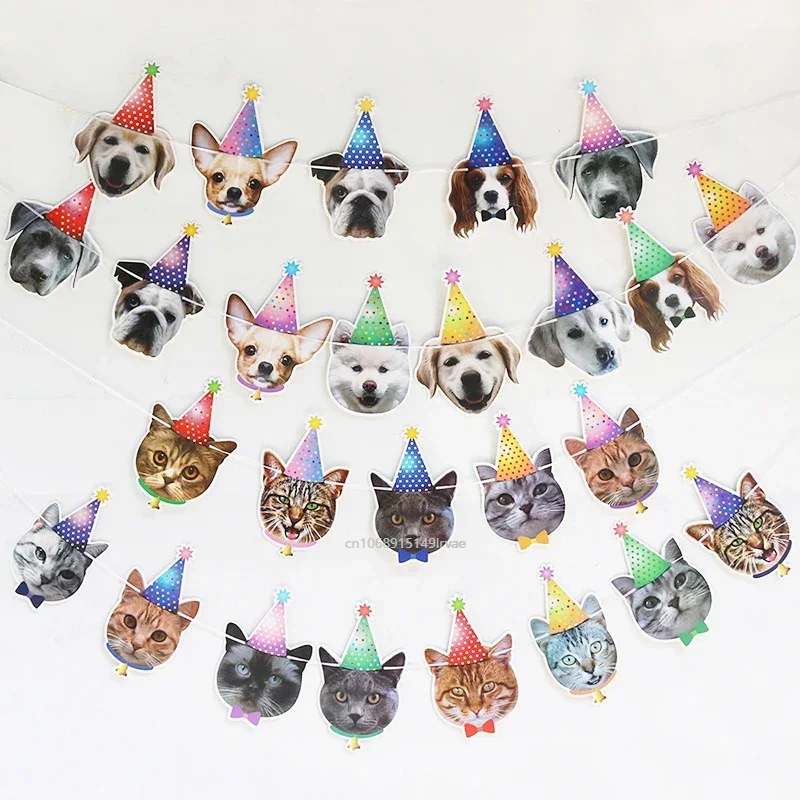 13 Flags Cat Dog Paper Banner Pet Happy Birthday Bunting Garland Decoration Cartoon Animal Dog Cat Theme Birthday Party Banner