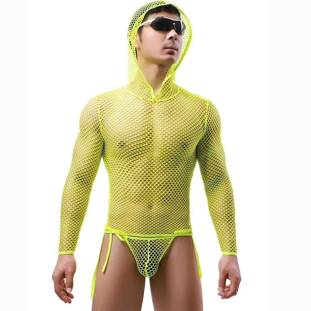 Sexy Men Undershirts Fishnet Mesh See Through Long Sleeve Hooded T-shirts Briefs Panties Underwear Mesh Sheer Men\'s Clothes Set