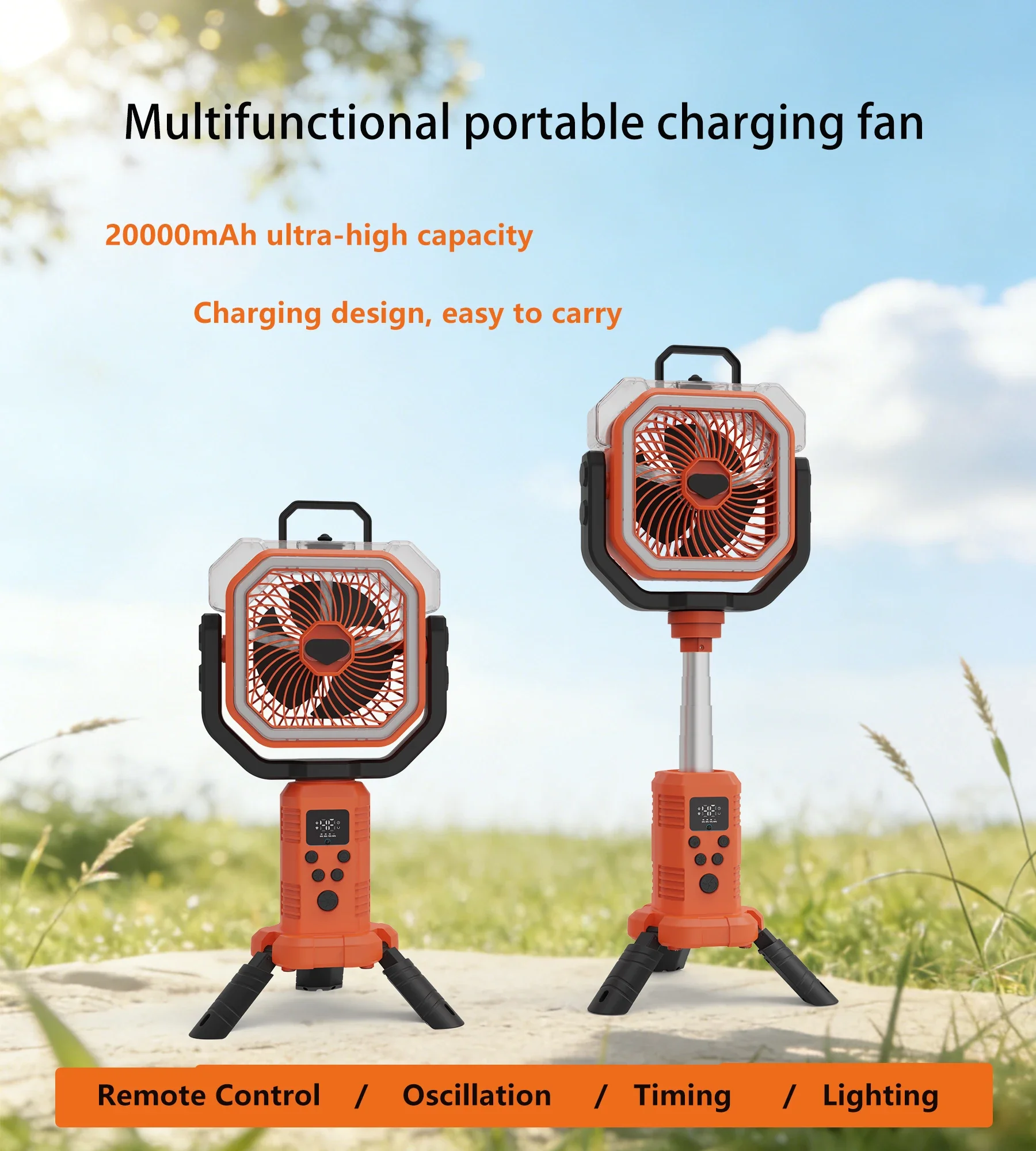 Oscillating Hanging Ceiling Fan Solar Mist Spray Remote Control Smart Digital Display Quiet Strong Wind Cooling Air Tripod