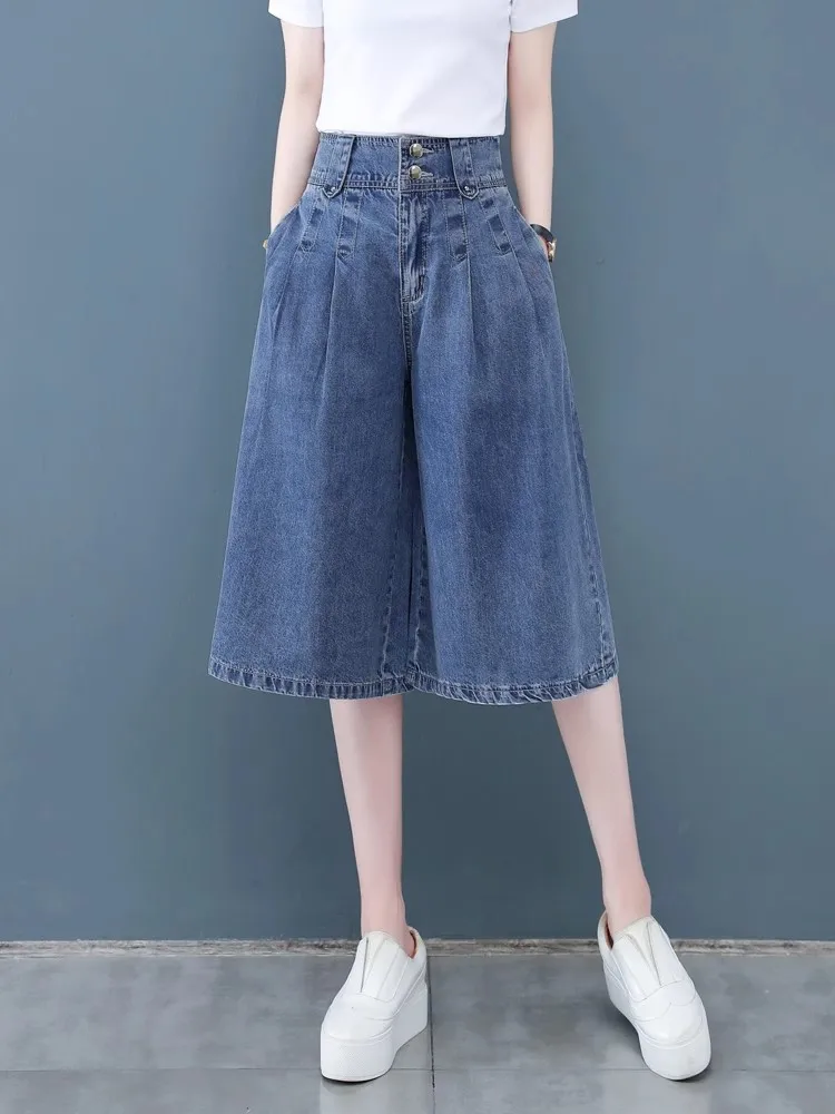 

Женские летние тонкие джинсовые брюки с высокой талией, широкими штанинами, свободного кроя, длиной до середины икры, в темных и светлых цветах.