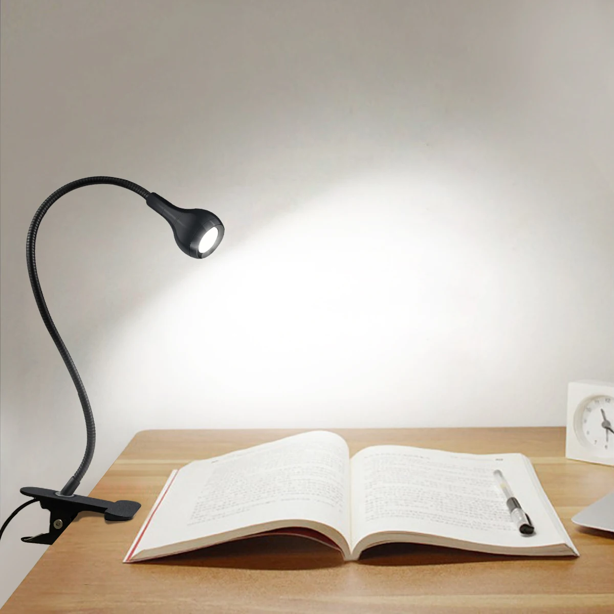 warm white, white LEDs Clip-On Desk Lamp, 360° Flexible Gooseneck, Eye-Caring USB Light for Reading, Study & Night Use